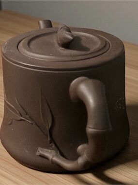 Vintage 20th c. Chinese Yixing Zisha Clay Bamboo Handmade Teapot